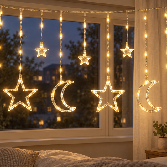 Hold és csillag LED fényfüggöny hálószobai ablaknál – enteriőr-illusztráció