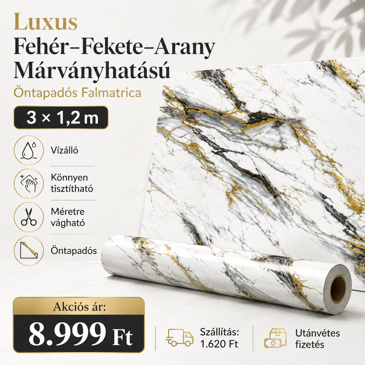 Arany Márványhatású Öntapadós Falmatrica 3 × 1,2 m - | Cyber Bazaar