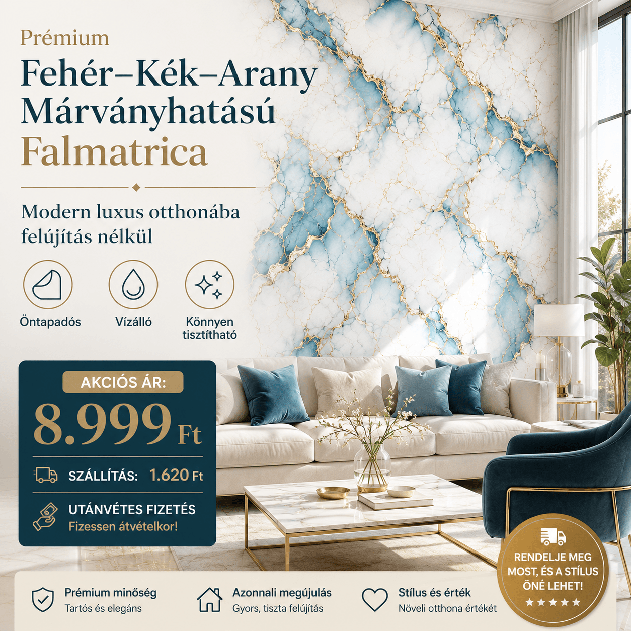 Arany Márványhatású Öntapadós Falmatrica 3 m × 1,2 m - | Cyber Bazaar
