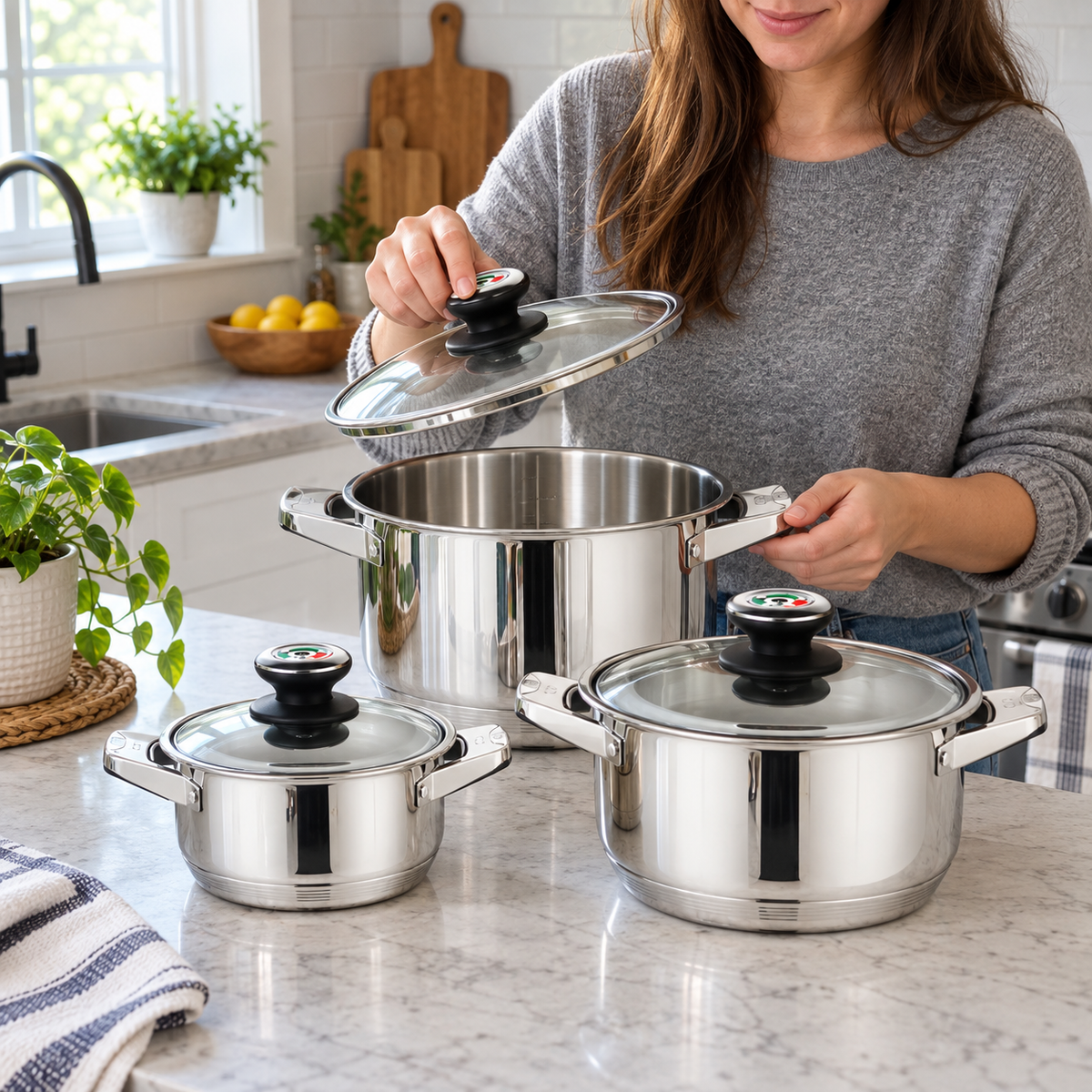 Indukciós acél edénykészlet, 6 részes – közeli bemutató