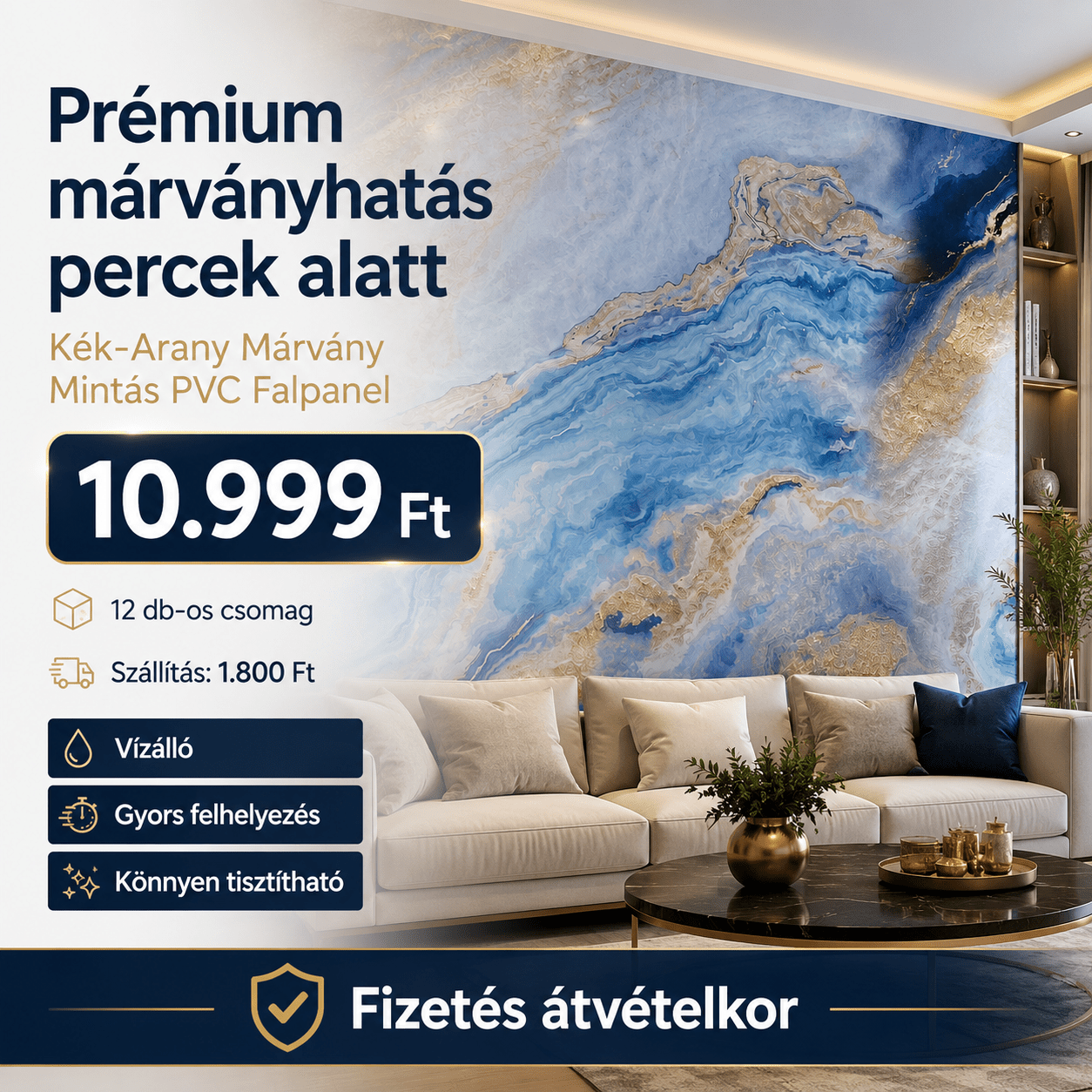 Kék - Arany Márvány Mintás PVC Falpanel – 12.DB - | Cyber Bazaar