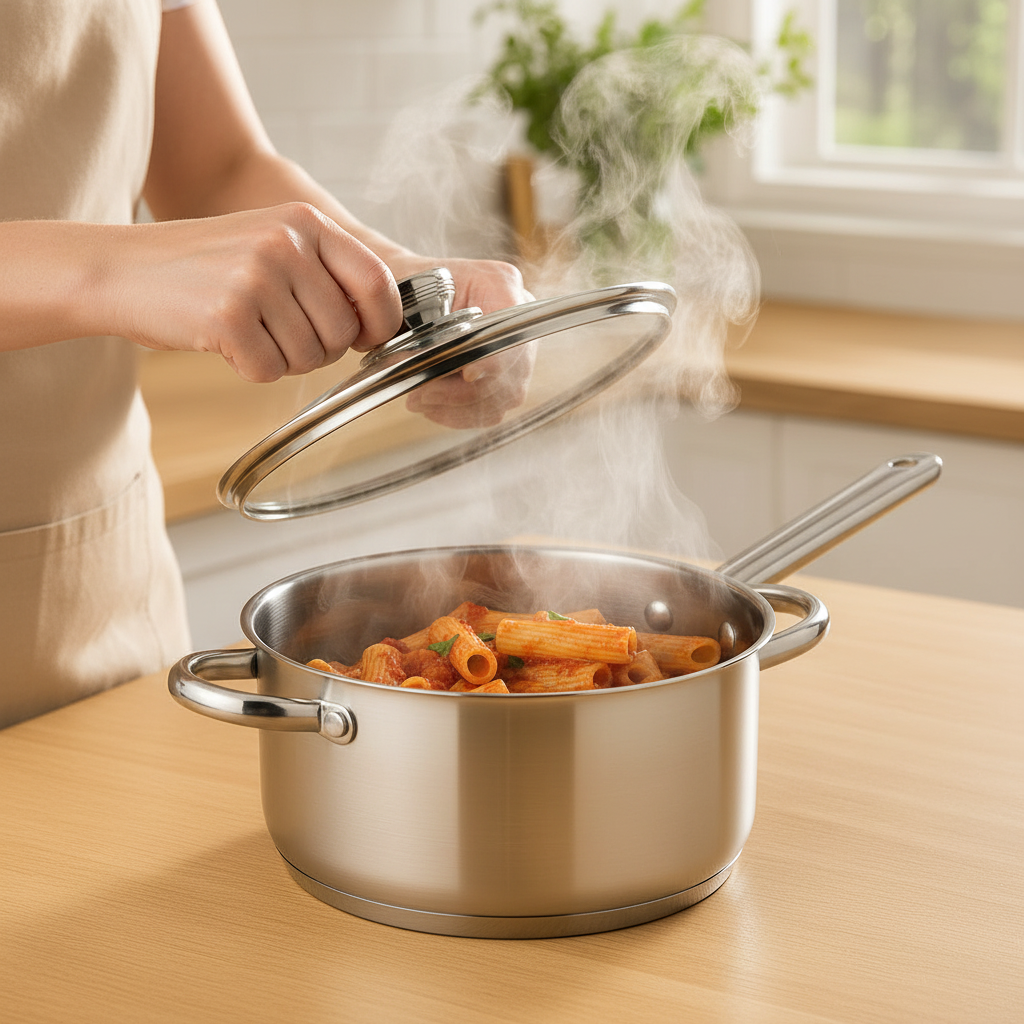 Lifting glass lid with steam rising