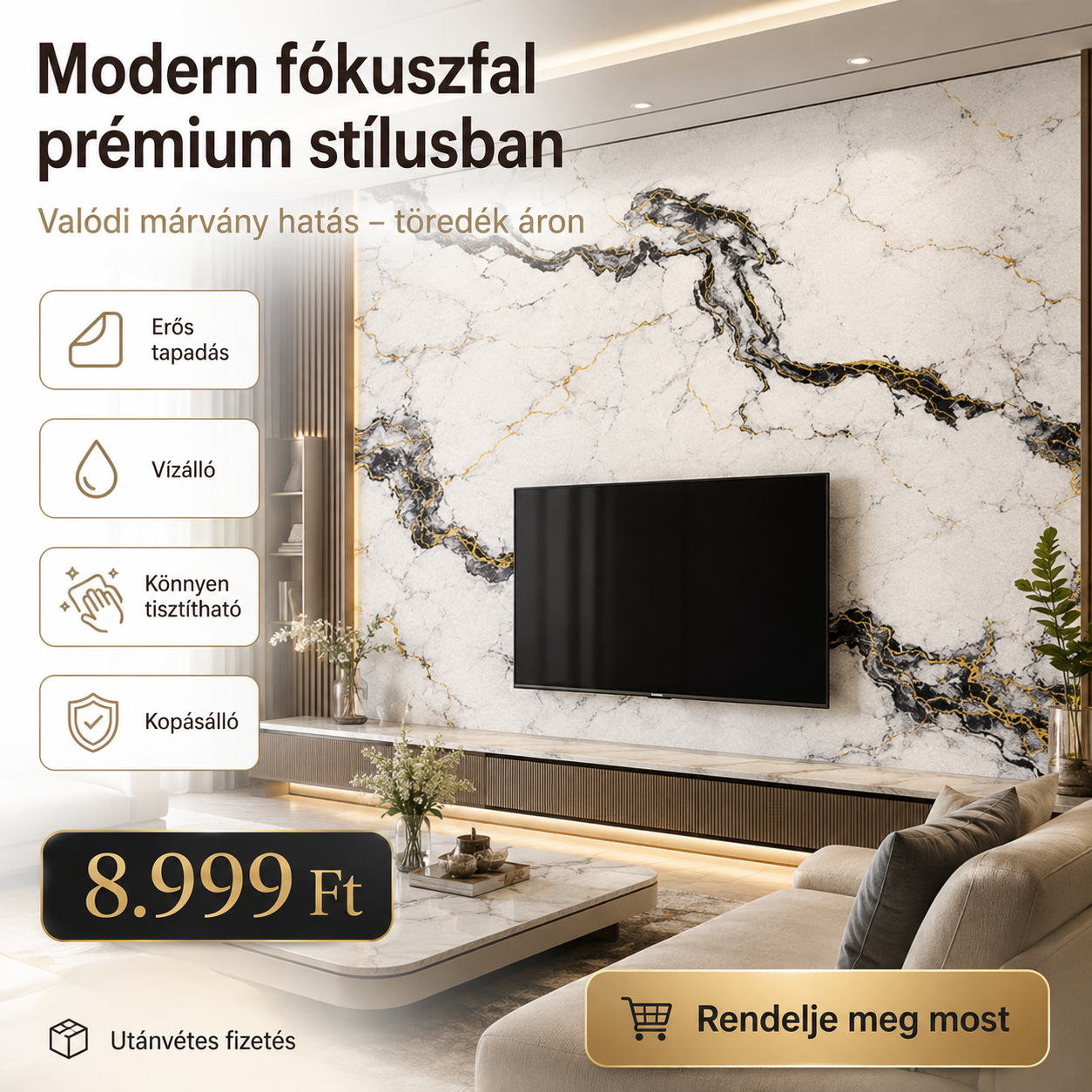 Arany Márványhatású Öntapadós Falmatrica 3 × 1,2 m