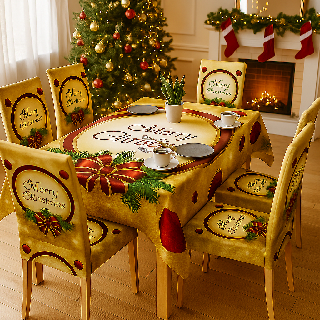 Karácsonyi 7 Részes Asztalterítő és Székhuzat Szett