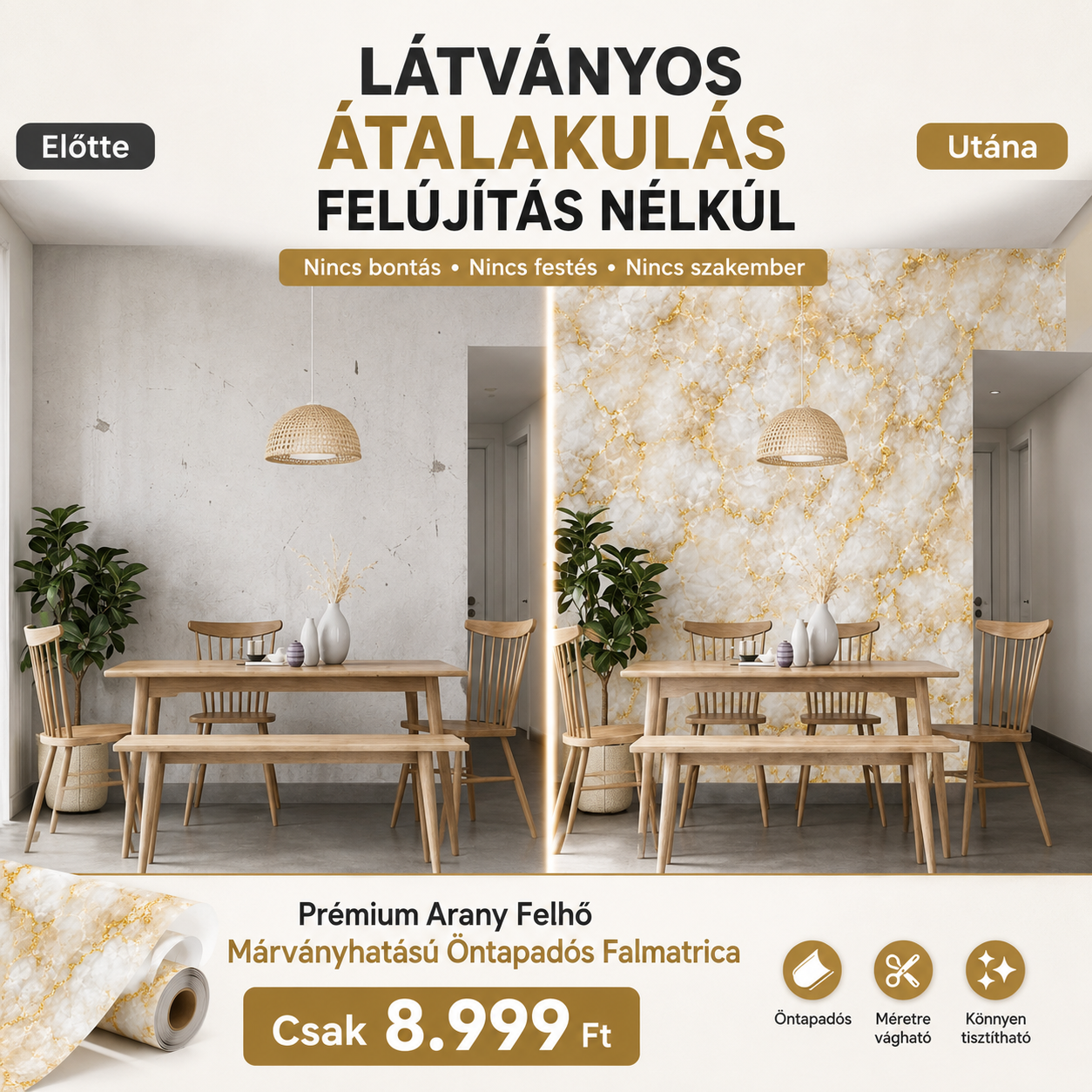 Arany Felhő Márványhatású Öntapadós Falmatrica 3 m × 1,2 m