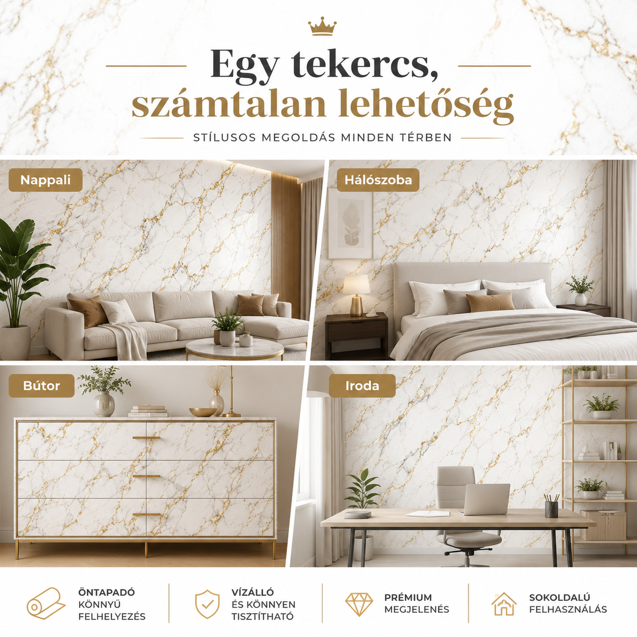 Arany Márványhatású Öntapadós Falmatrica 3 m × 1,2 m