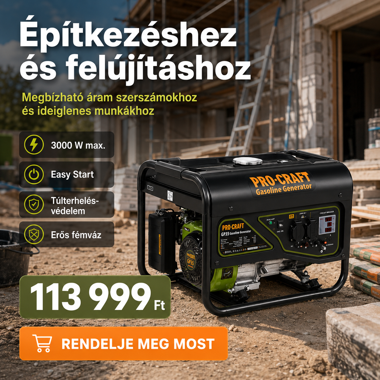 PRO-CRAFT Benzines Áramfejlesztő