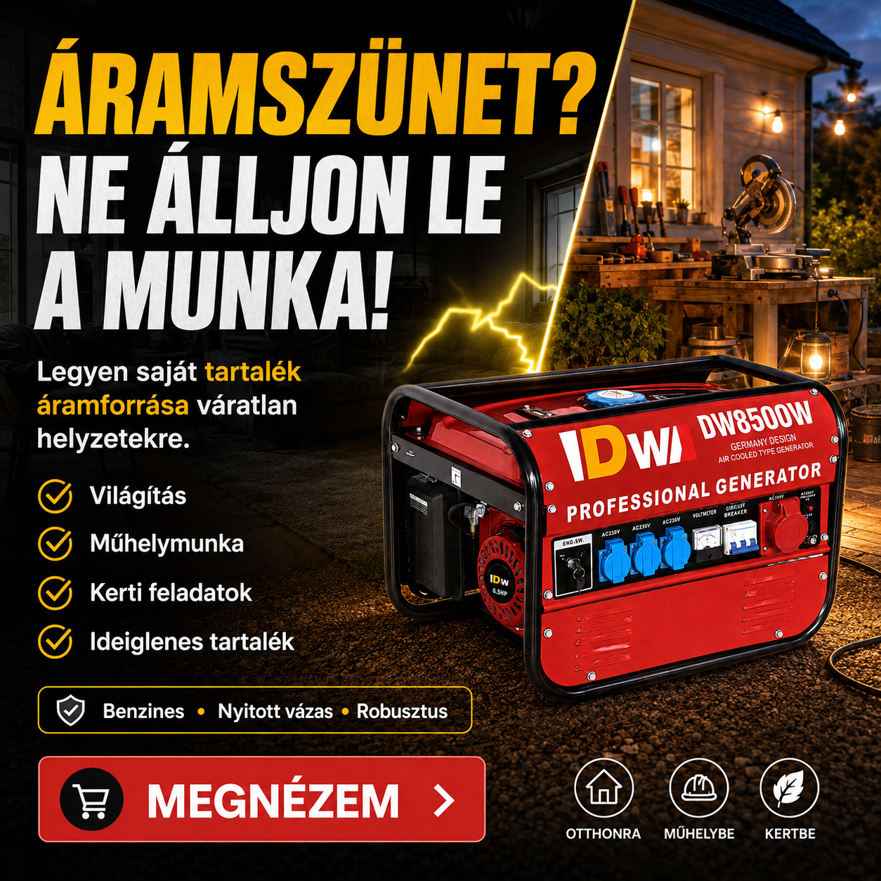 Professzionális Benzines Áramfejlesztő
