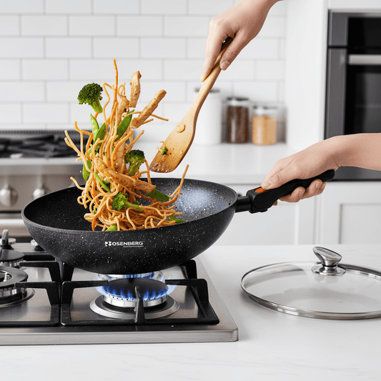 28 cm Wok üvegfedővel + levehető nyél (3,8 L) - | Cyber Bazaar