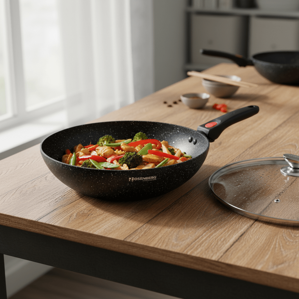 28 cm Wok üvegfedővel + levehető nyél (3,8 L) - | Cyber Bazaar