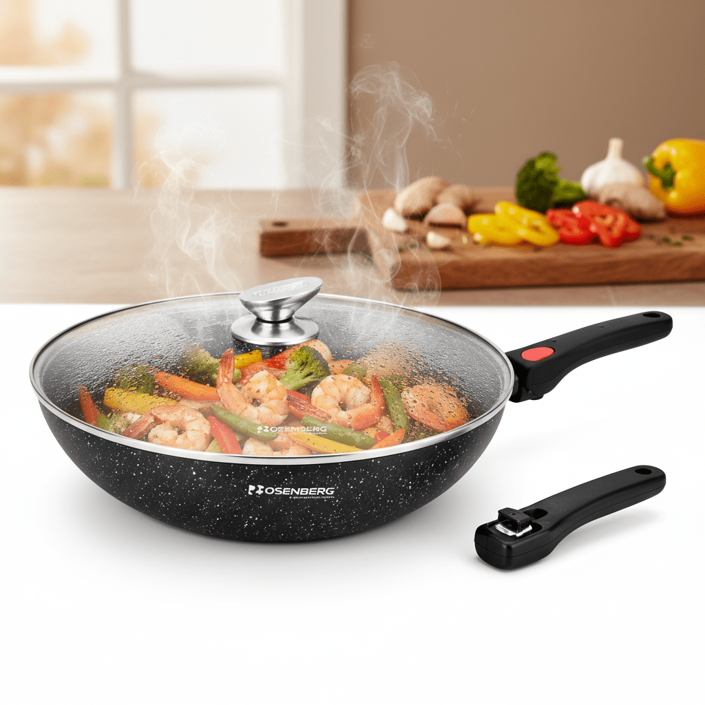 28 cm Wok üvegfedővel + levehető nyél (3,8 L) - | Cyber Bazaar