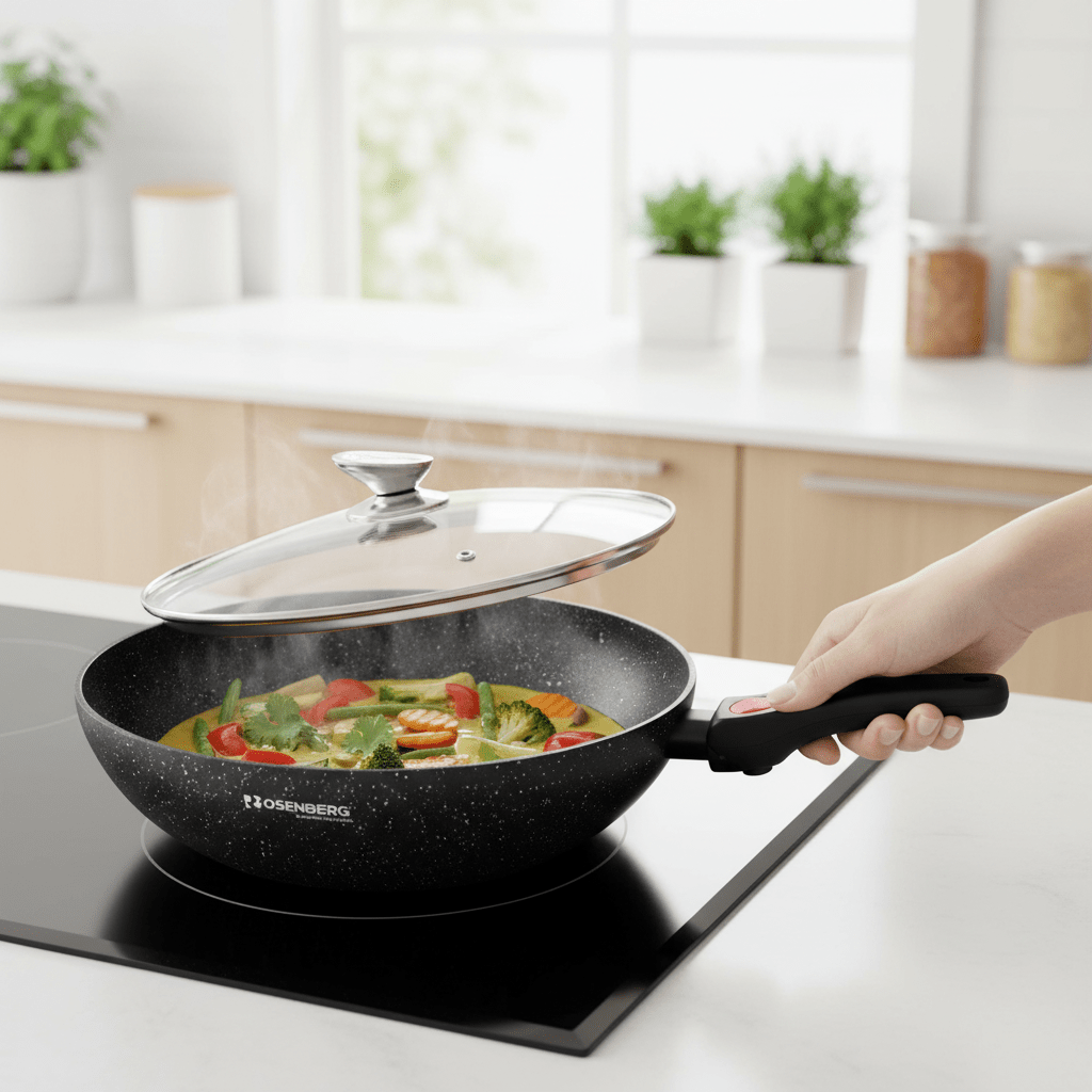 28 cm Wok üvegfedővel + levehető nyél (3,8 L) - | Cyber Bazaar