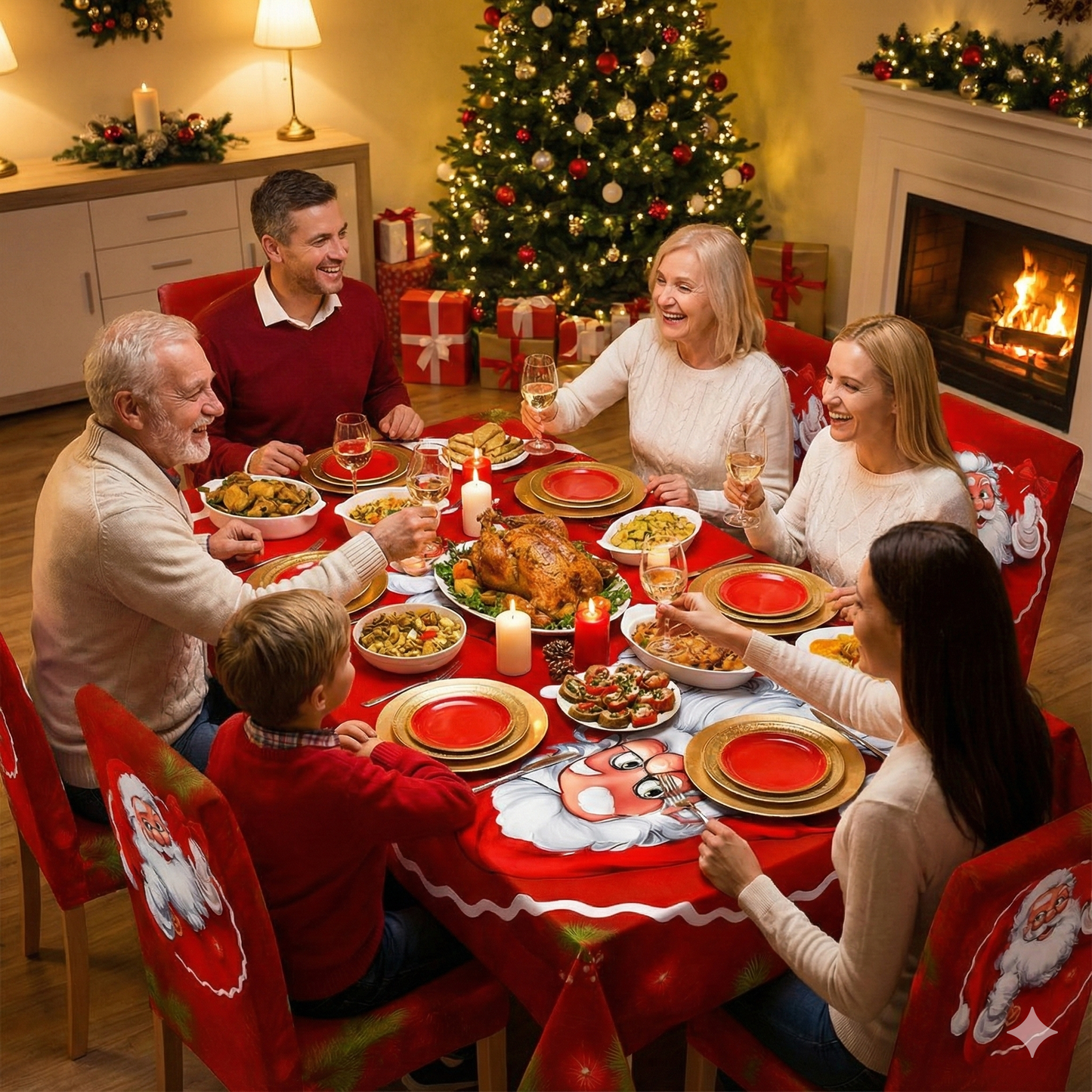 Karácsonyi 7 Részes Asztalterítő és Székhuzat Szett