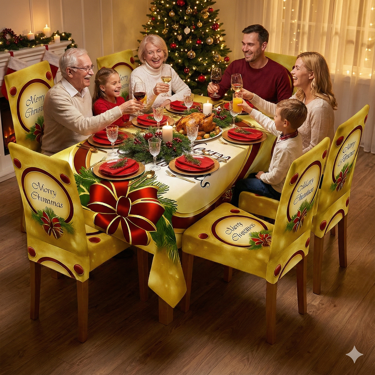 Karácsonyi 7 Részes Asztalterítő és Székhuzat Szett