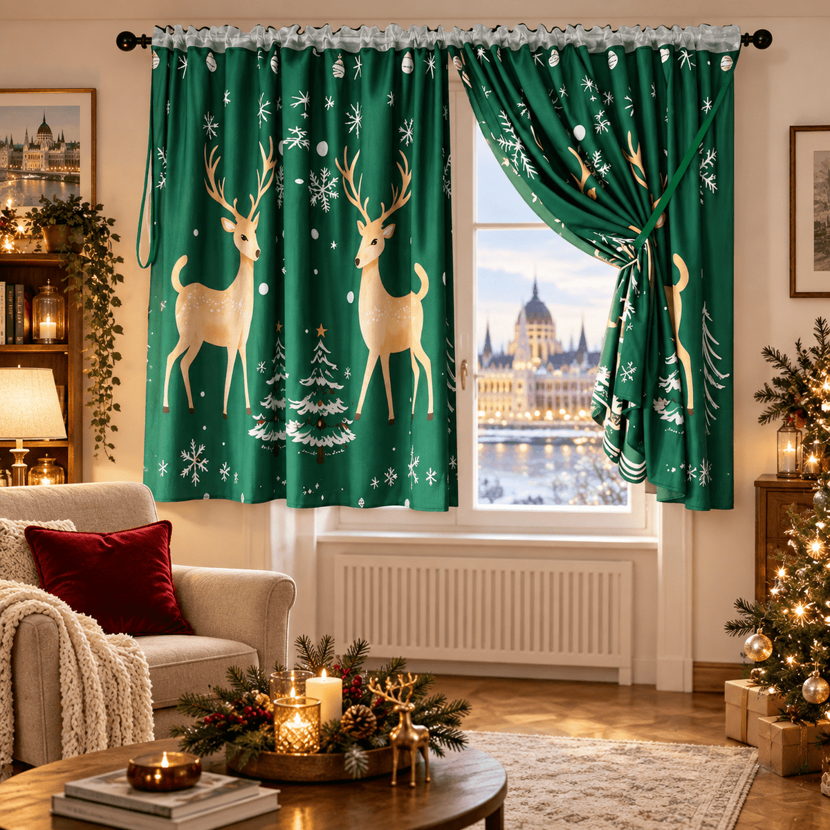 A2611 karácsonyi dekorfüggöny – zöld szarvasmintás, 400 × 150 cm - Dekorfüggöny | Cyber Bazaar