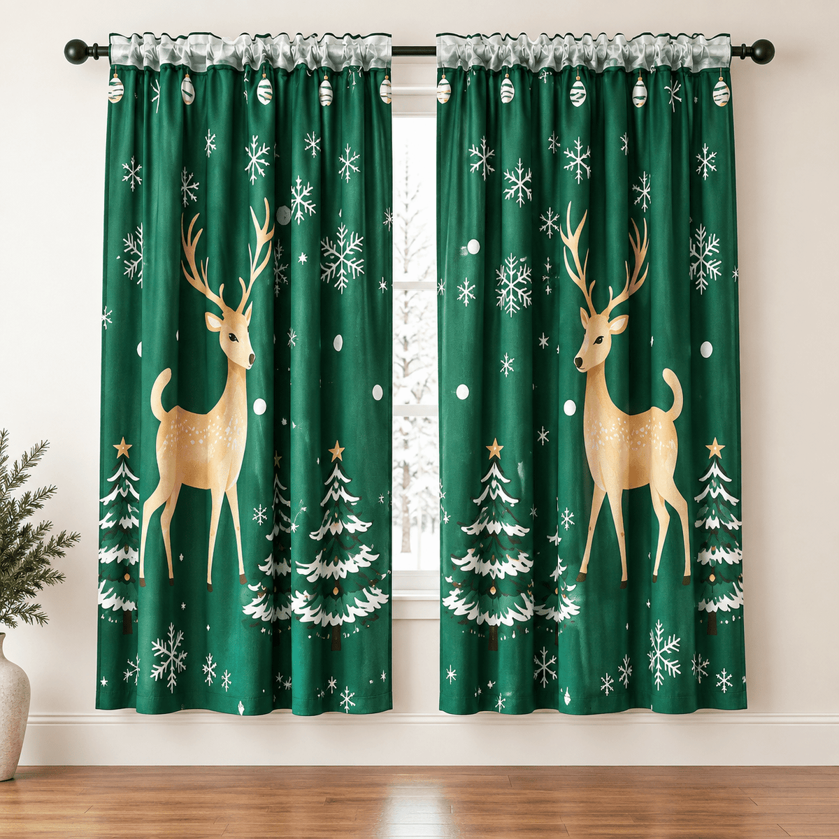 A2611 karácsonyi dekorfüggöny – zöld szarvasmintás, 400 × 150 cm - Dekorfüggöny | Cyber Bazaar