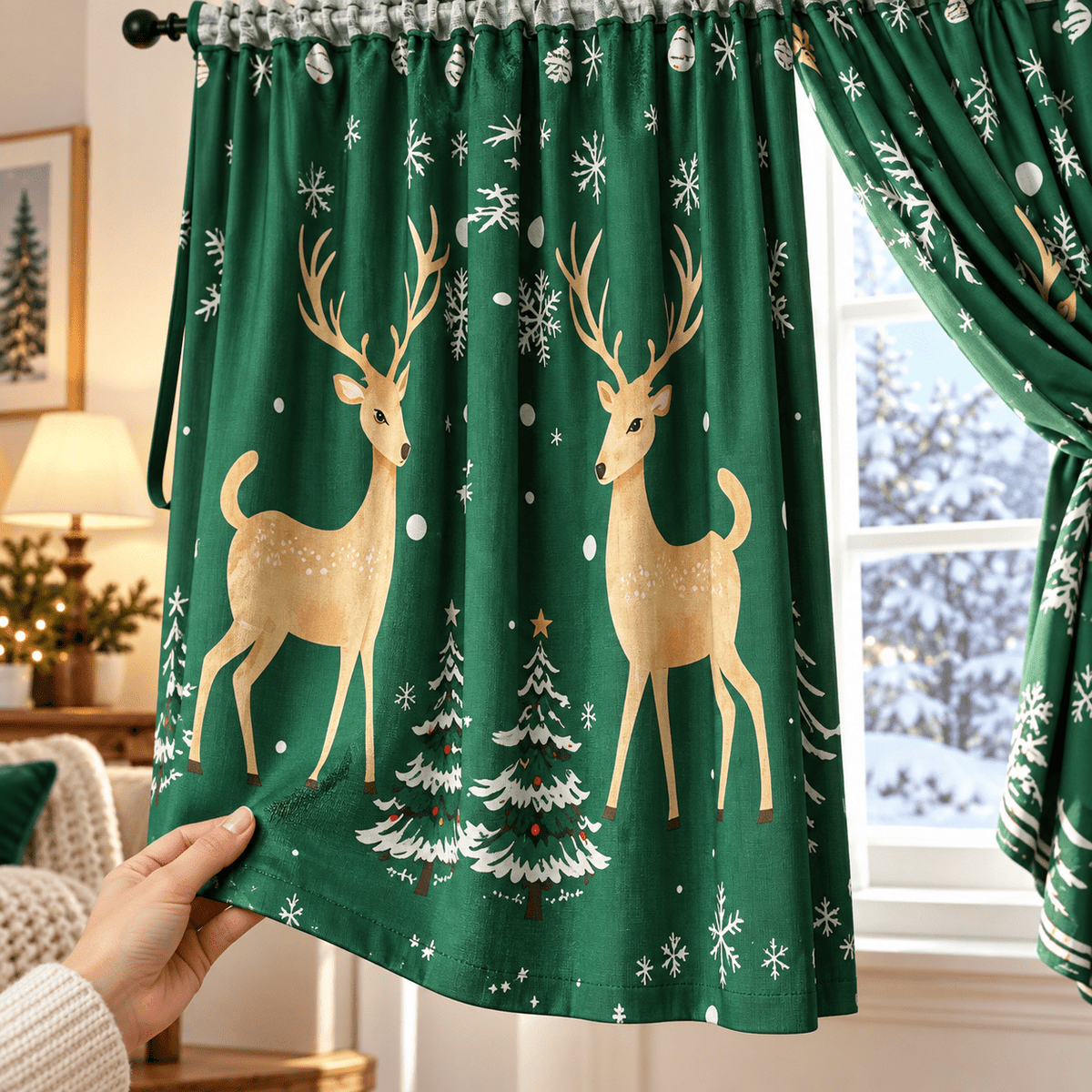 A2611 karácsonyi dekorfüggöny – zöld szarvasmintás, 400 × 150 cm - Dekorfüggöny | Cyber Bazaar