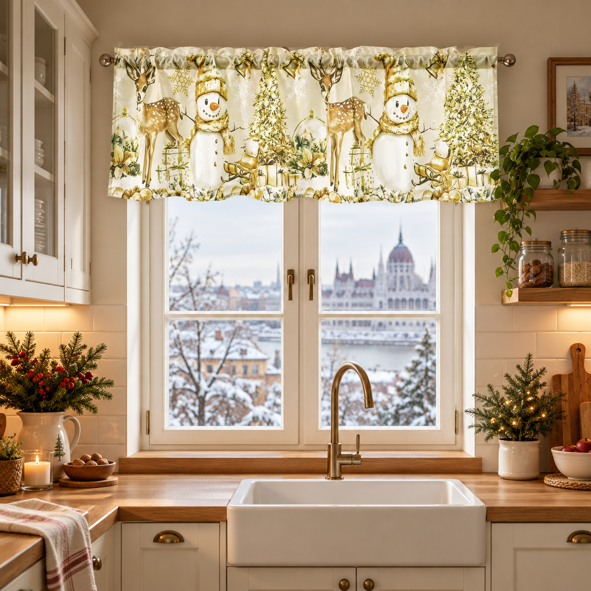A2613 karácsonyi vitrázsfüggöny – arany téli motívumok, 150 × 45 cm – elhelyezési példa