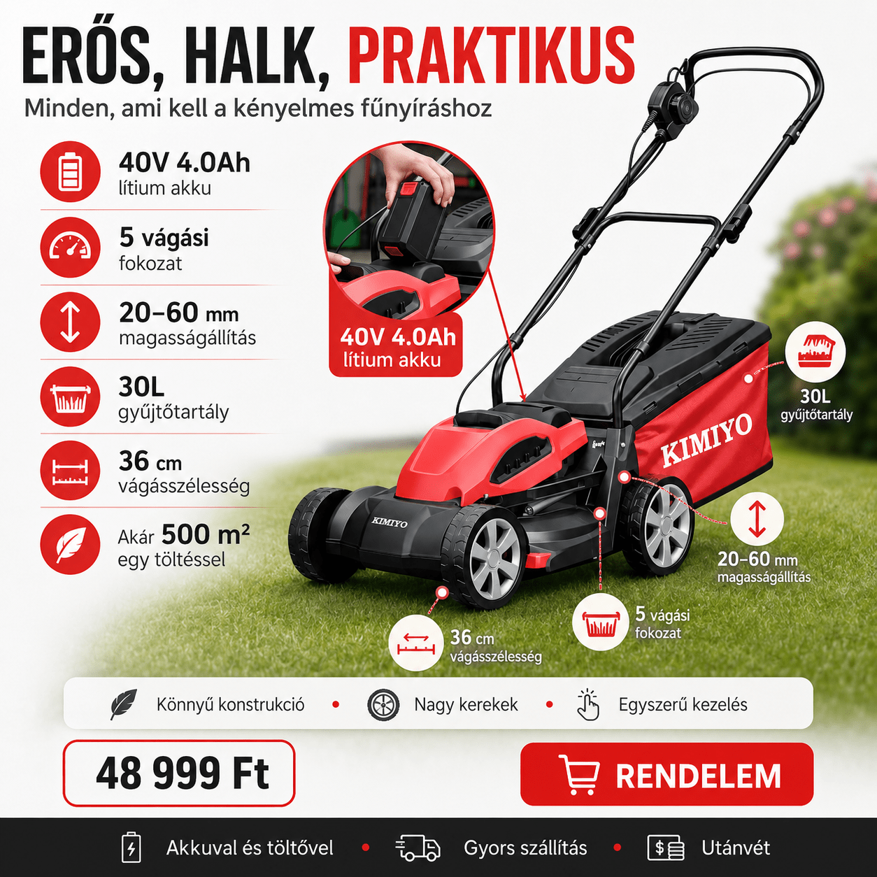 Akkumulátoros Fűnyíró 36cm Vágási Szélesség - | Cyber Bazaar