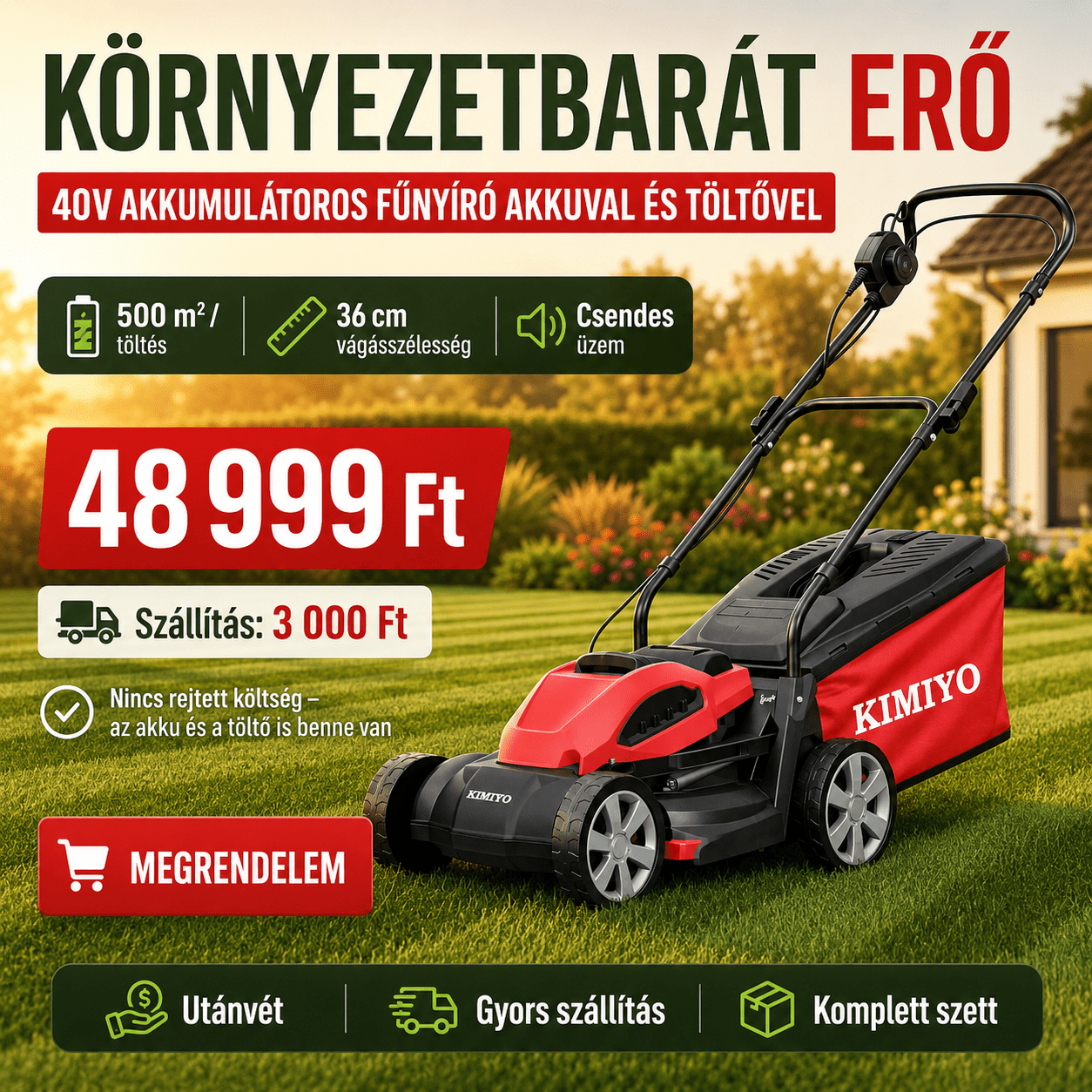 Akkumulátoros Fűnyíró 36cm Vágási Szélesség - | Cyber Bazaar