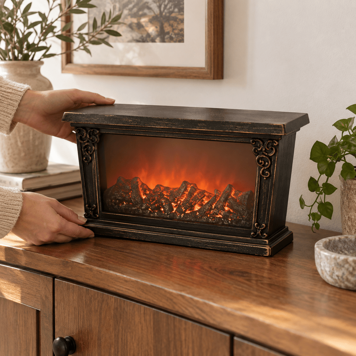 Antik bronz LED dekor kandalló – 27.5 × 12 × 20 cm | 18702 - LED dekoráció | Cyber Bazaar