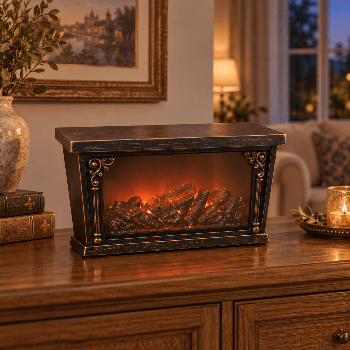 Antik bronz LED dekor kandalló – 27.5 × 12 × 20 cm | 18702 - LED dekoráció | Cyber Bazaar