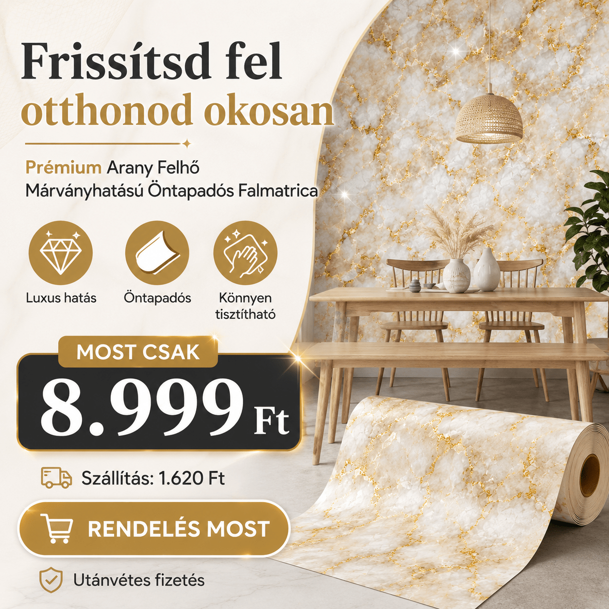Arany Felhő Márványhatású Öntapadós Falmatrica 3 m × 1,2 m - | Cyber Bazaar