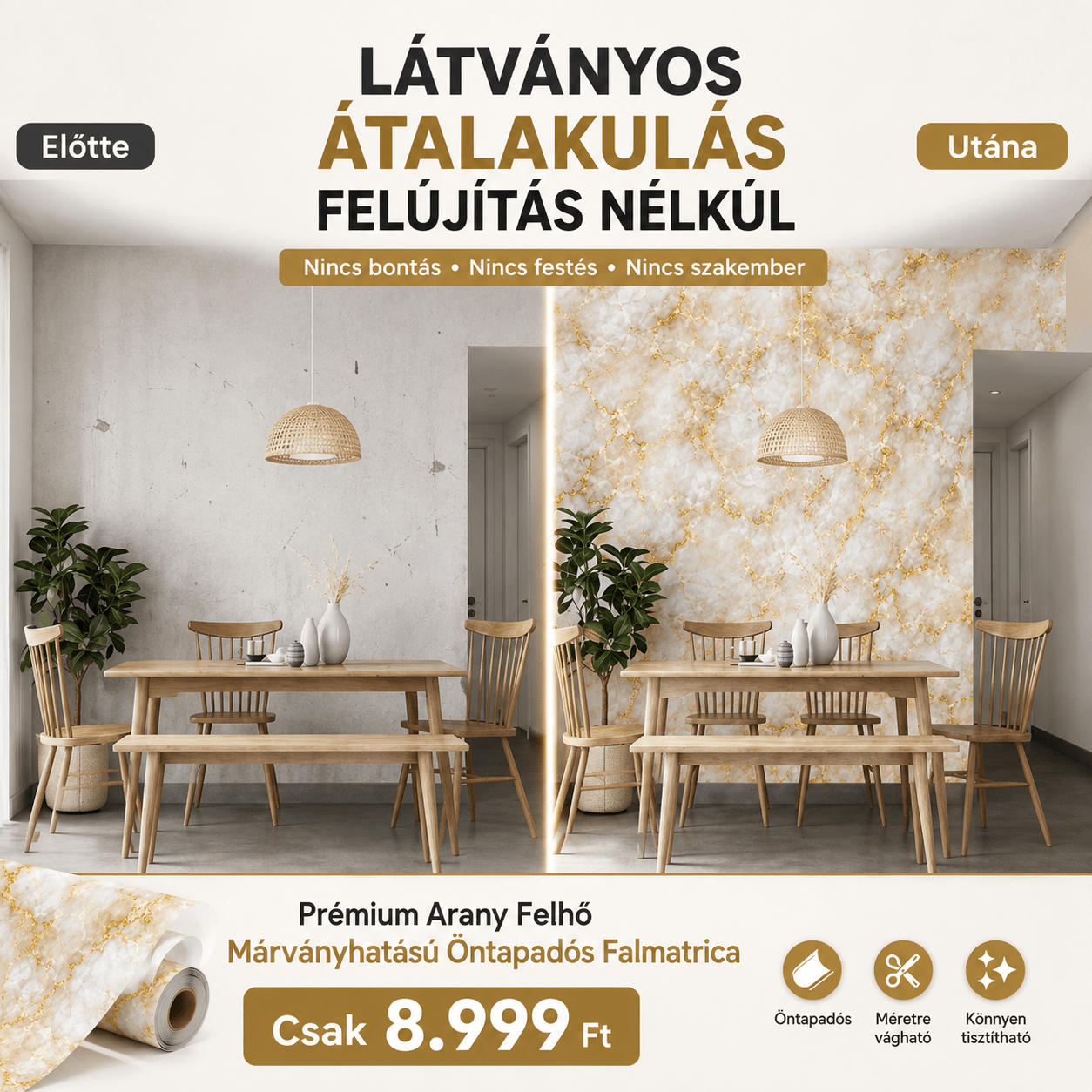 Arany Felhő Márványhatású Öntapadós Falmatrica 3 m × 1,2 m - | Cyber Bazaar