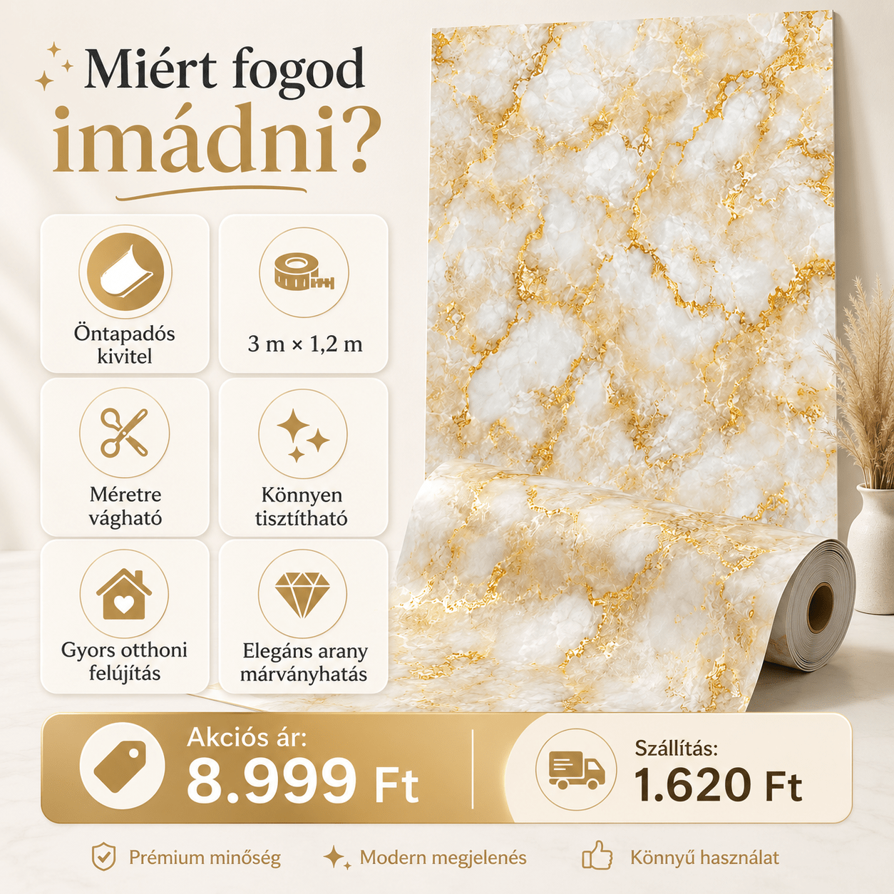 Arany Felhő Márványhatású Öntapadós Falmatrica 3 m × 1,2 m - | Cyber Bazaar