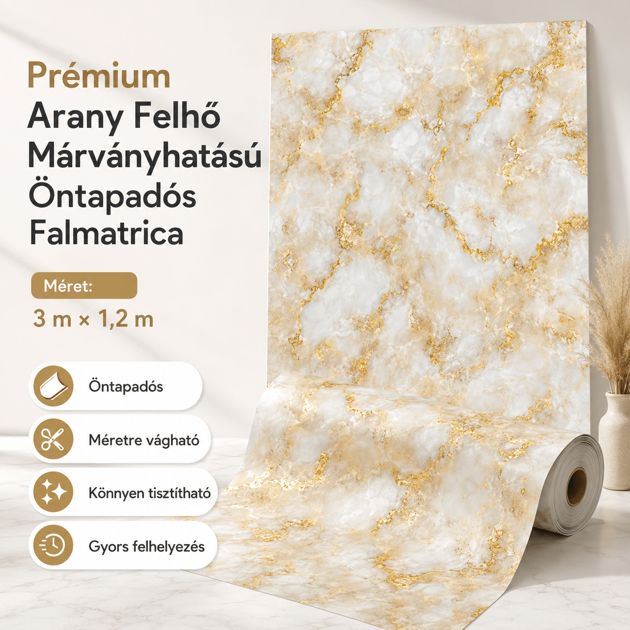 Arany Felhő Márványhatású Öntapadós Falmatrica 3 m × 1,2 m - | Cyber Bazaar