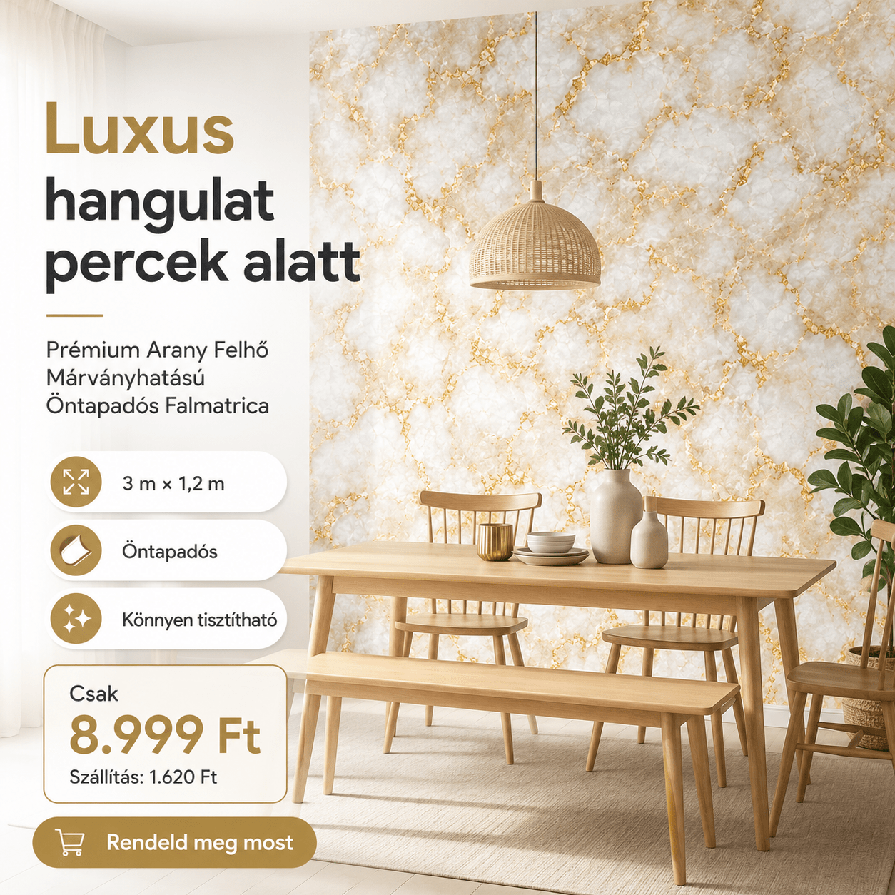 Arany Felhő Márványhatású Öntapadós Falmatrica 3 m × 1,2 m - | Cyber Bazaar