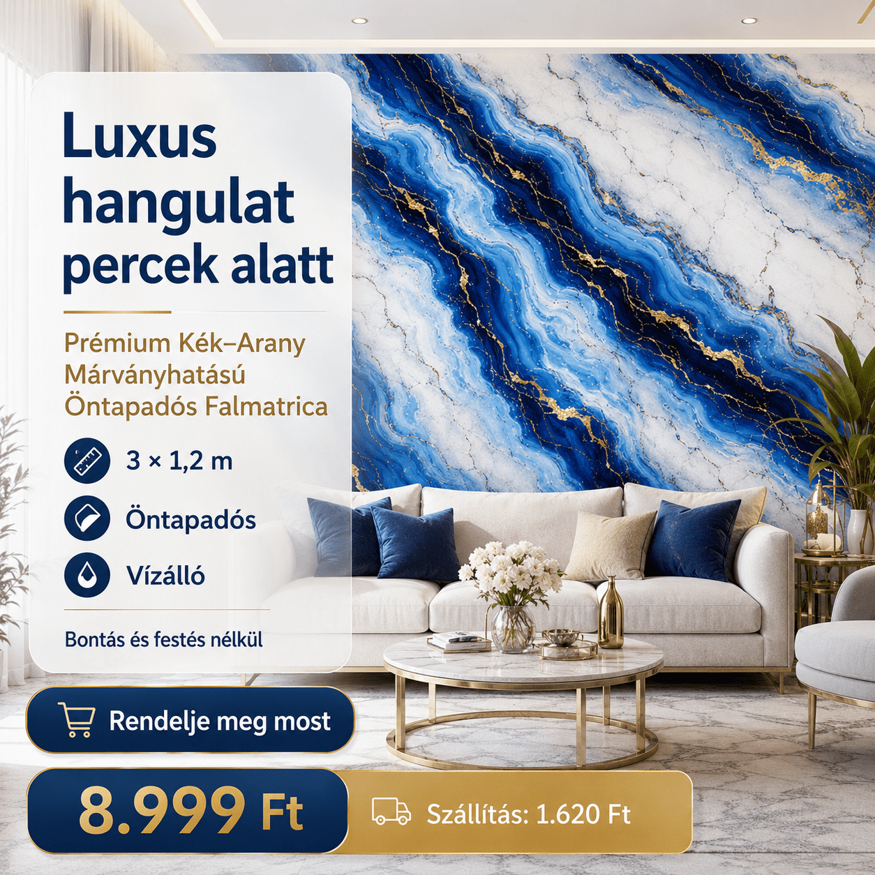 Arany Kék Márványhatású Öntapadós Falmatrica - | Cyber Bazaar