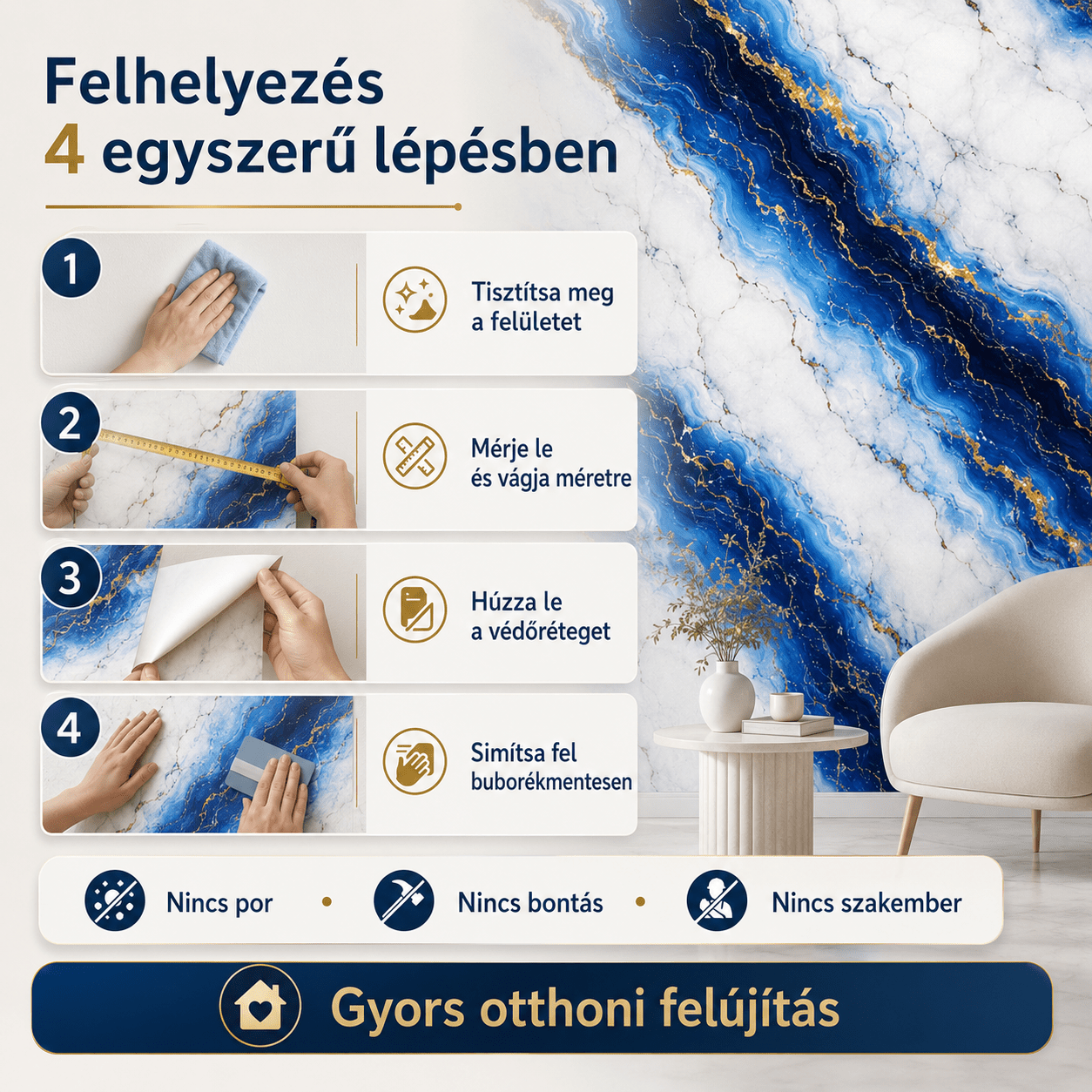 Arany Kék Márványhatású Öntapadós Falmatrica - | Cyber Bazaar