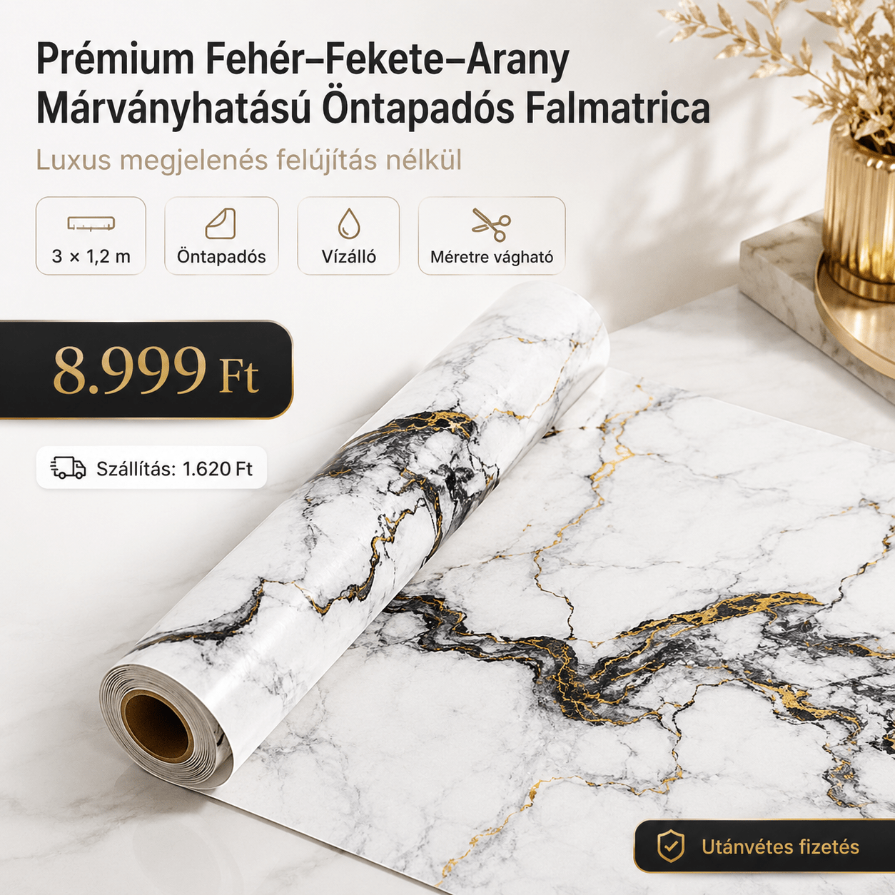 Arany Márványhatású Öntapadós Falmatrica 3 × 1,2 m - | Cyber Bazaar