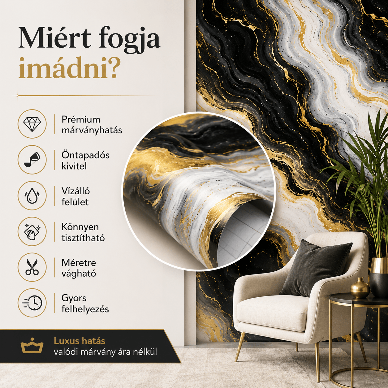 Arany Márványhatású Öntapadós Falmatrica 3 × 1,2 m - | Cyber Bazaar