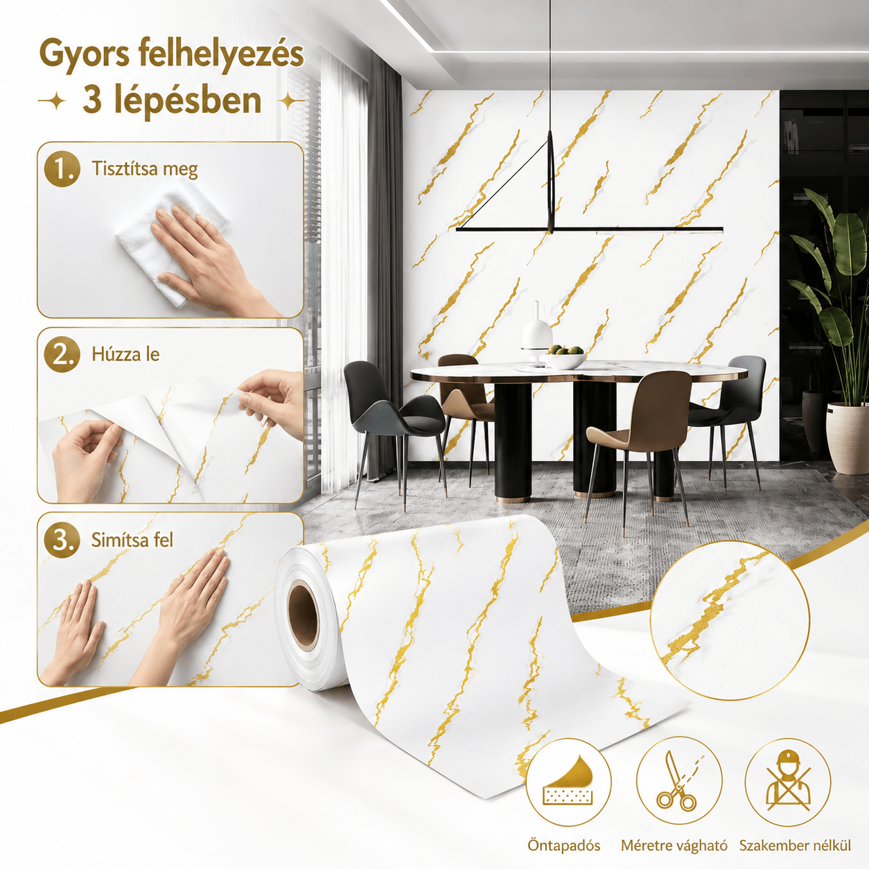 Arany Márványhatású Öntapadós Falmatrica 3 × 1,2 m - | Cyber Bazaar