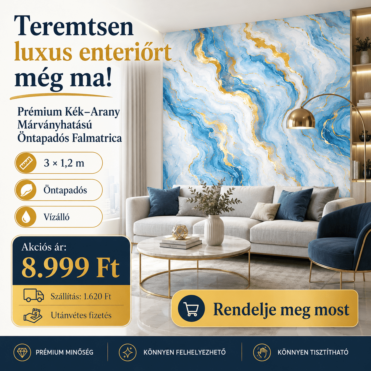 Arany Márványhatású Öntapadós Falmatrica 3 × 1,2 m - | Cyber Bazaar