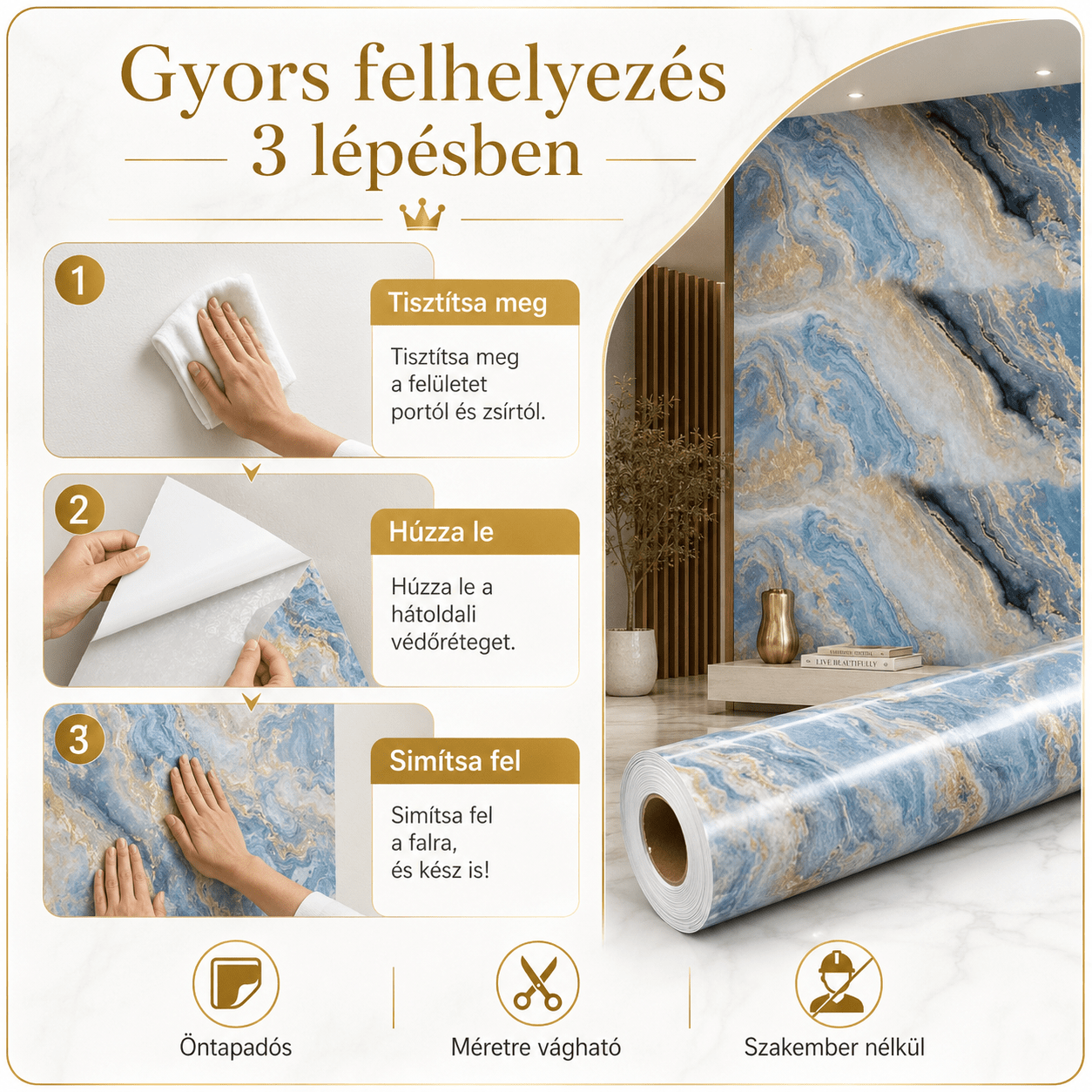 Arany Márványhatású Öntapadós Falmatrica – 3 × 1,2 m - | Cyber Bazaar