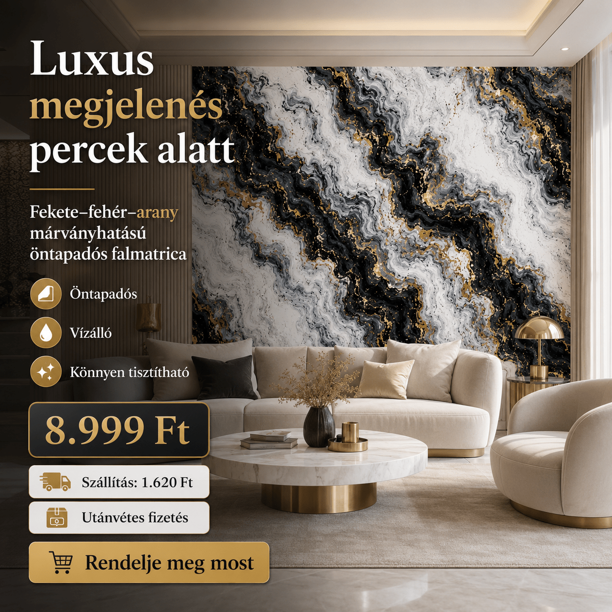Arany Márványhatású Öntapadós Falmatrica 3 × 1,2 m - | Cyber Bazaar