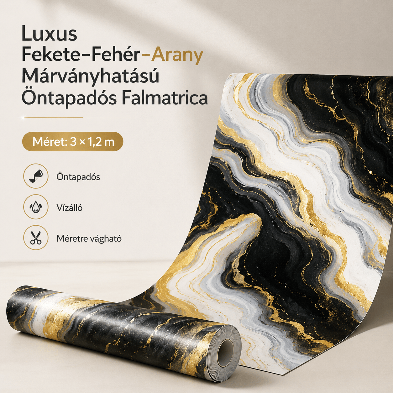 Arany Márványhatású Öntapadós Falmatrica 3 × 1,2 m - | Cyber Bazaar