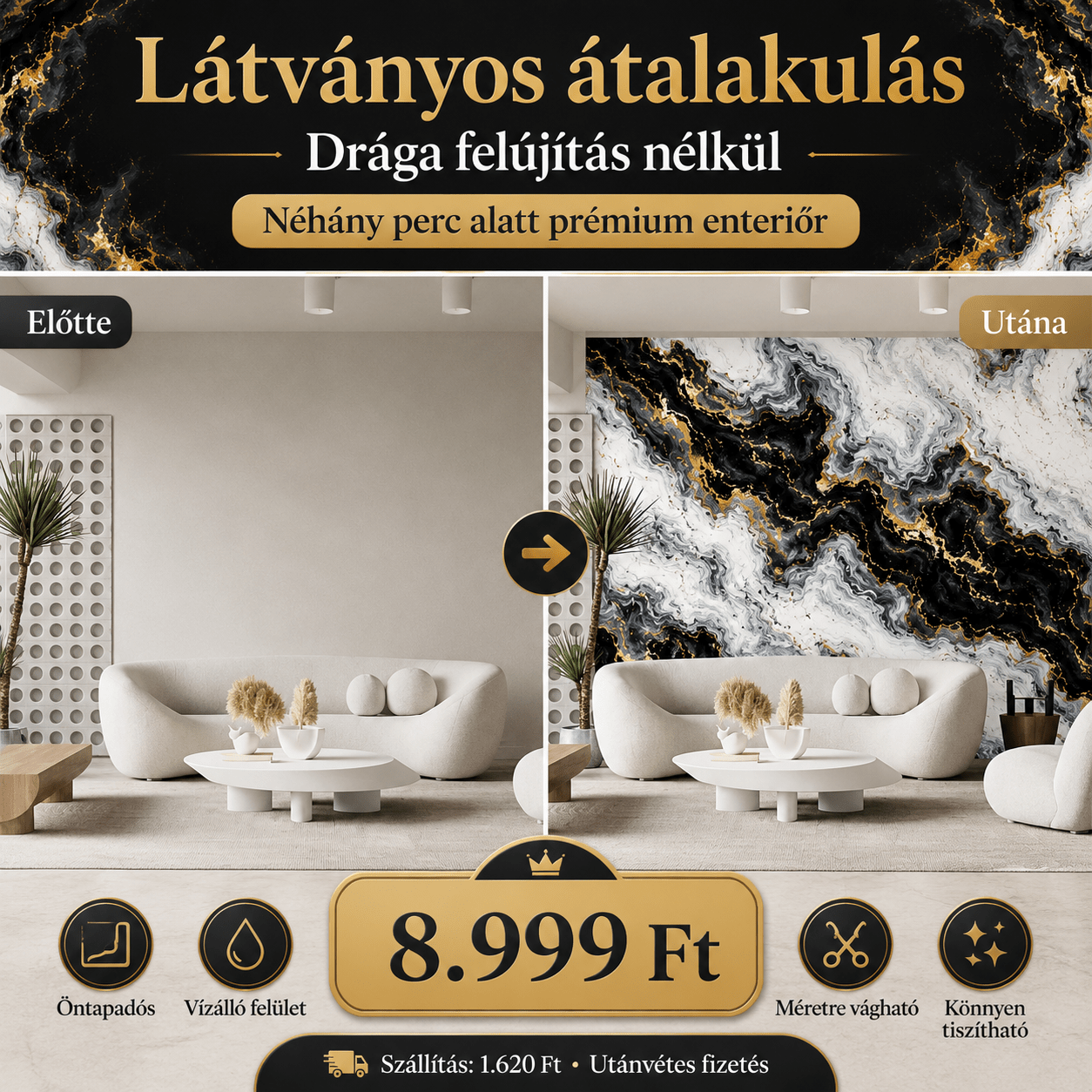 Arany Márványhatású Öntapadós Falmatrica 3 × 1,2 m - | Cyber Bazaar