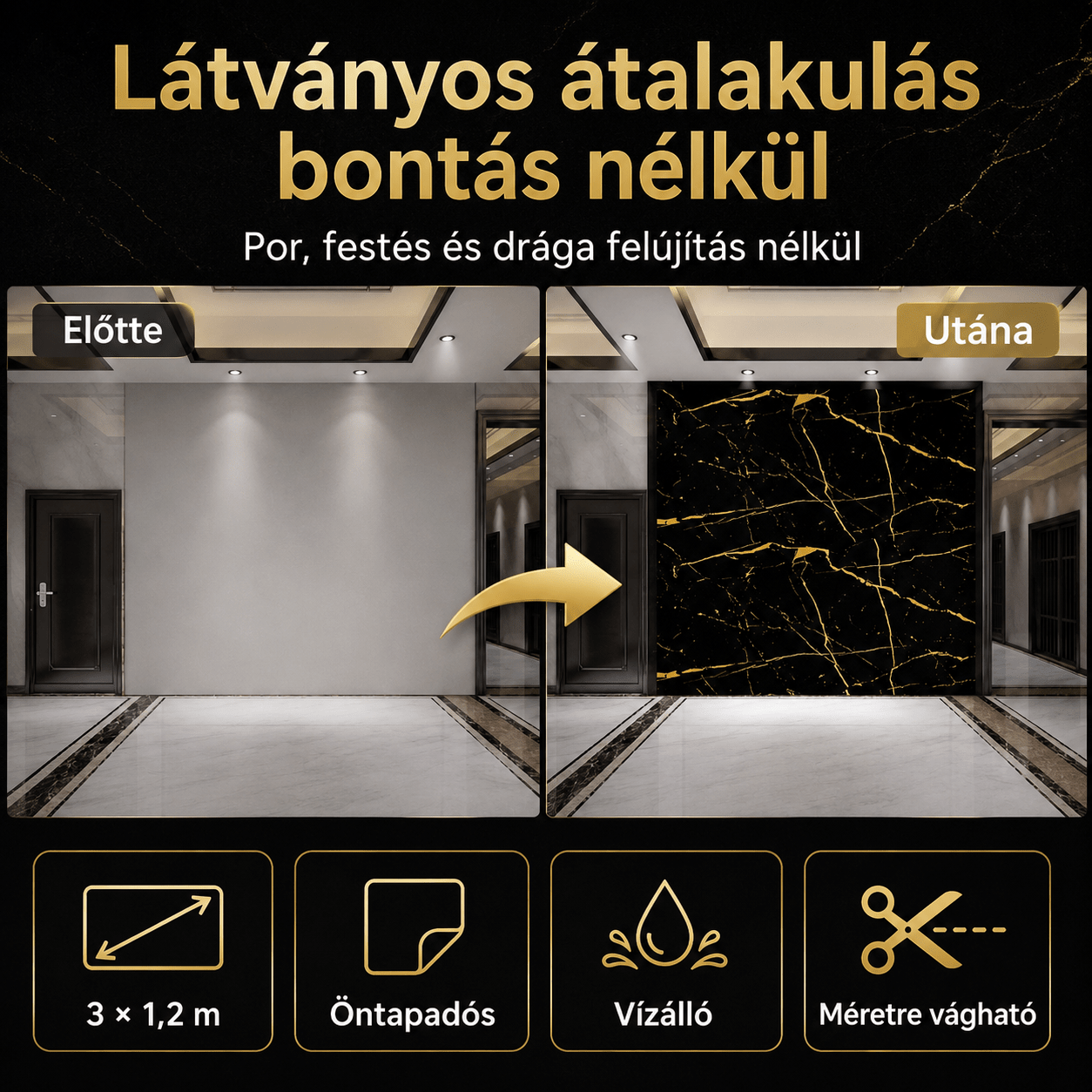 Arany Márványhatású Öntapadós Falmatrica – 3 × 1,2 m - | Cyber Bazaar