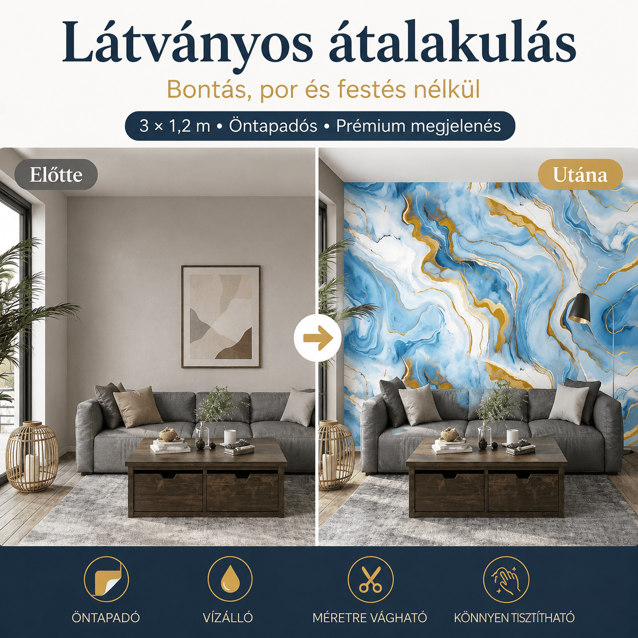 Arany Márványhatású Öntapadós Falmatrica 3 × 1,2 m - | Cyber Bazaar