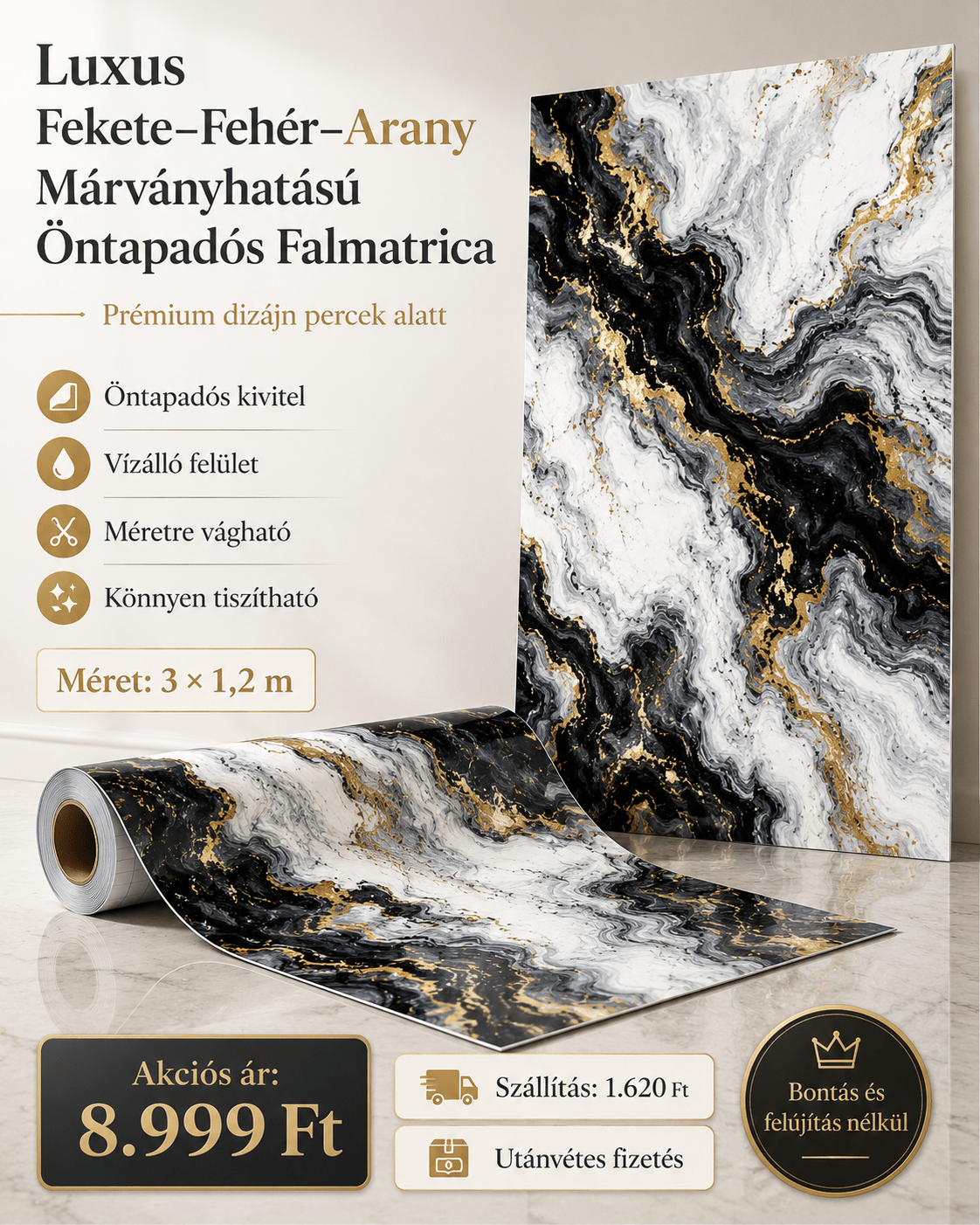 Arany Márványhatású Öntapadós Falmatrica 3 × 1,2 m - | Cyber Bazaar