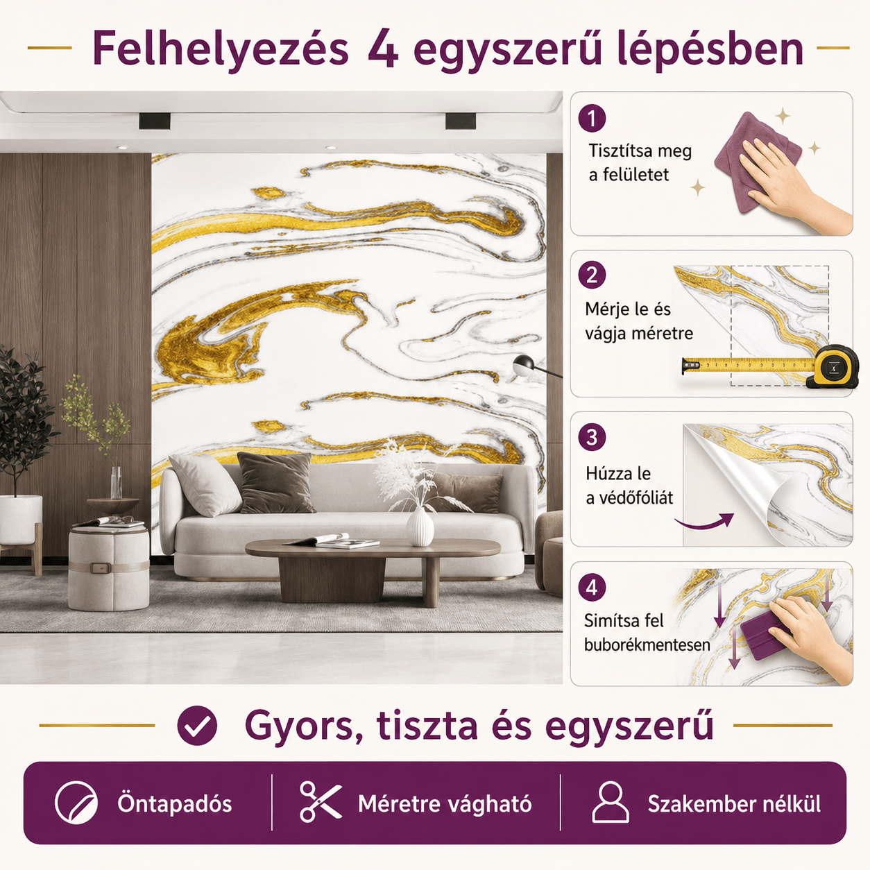 Arany Márványhatású Öntapadós Falmatrica 3 × 1,2 m - | Cyber Bazaar