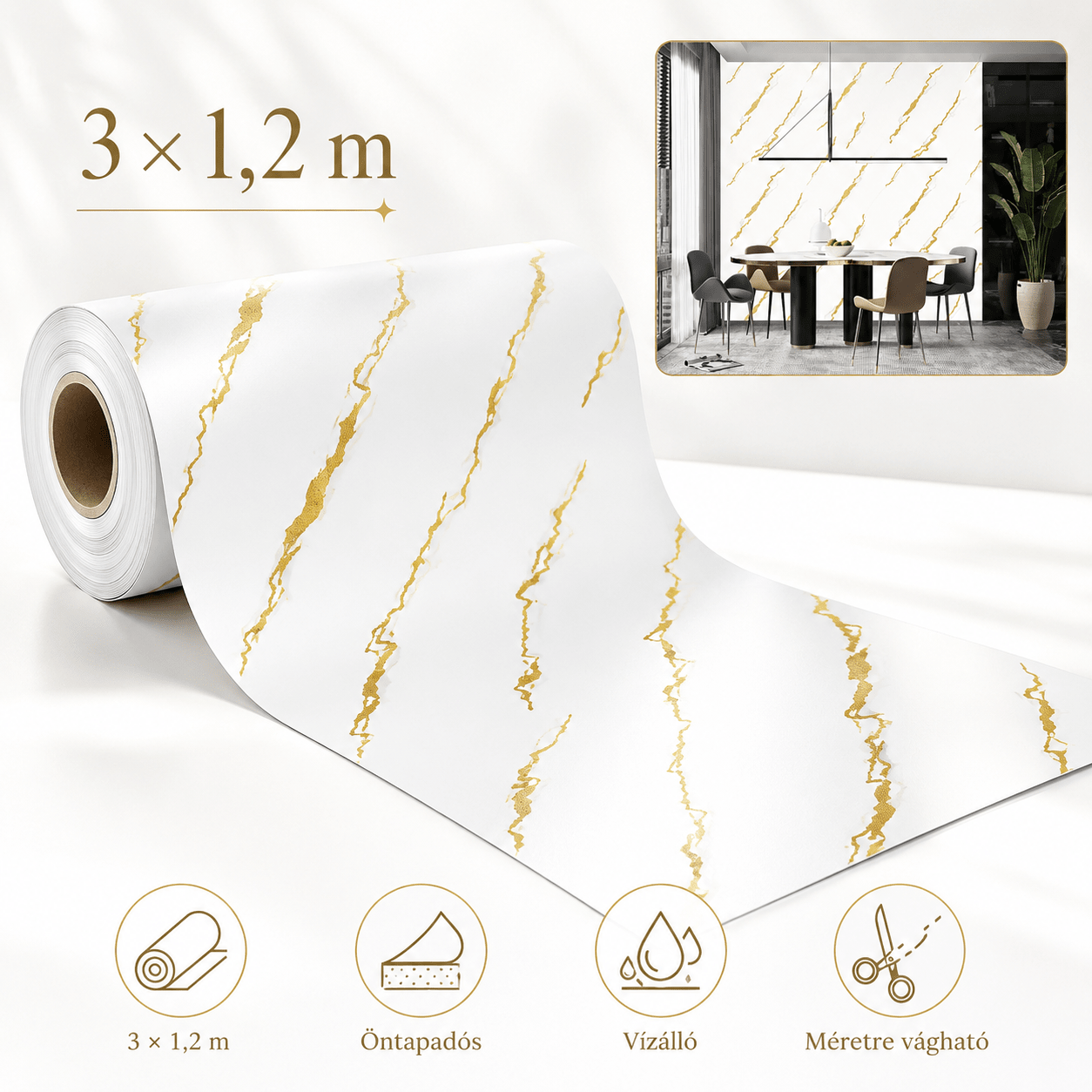 Arany Márványhatású Öntapadós Falmatrica 3 × 1,2 m - | Cyber Bazaar