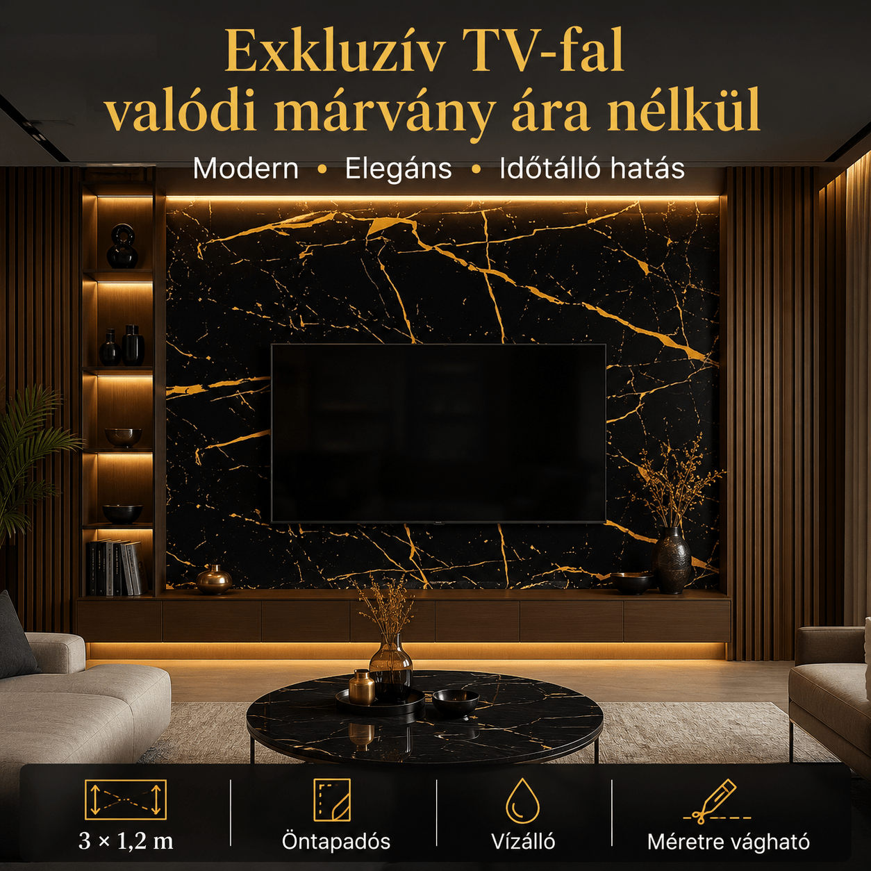 Arany Márványhatású Öntapadós Falmatrica – 3 × 1,2 m - | Cyber Bazaar