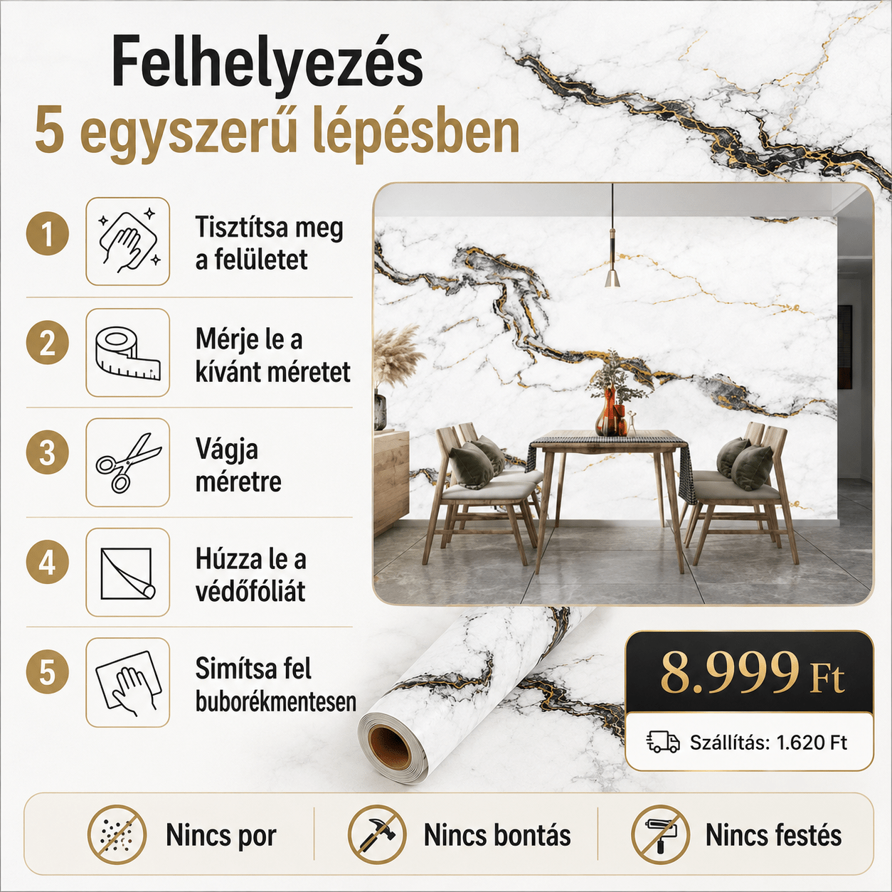 Arany Márványhatású Öntapadós Falmatrica 3 × 1,2 m - | Cyber Bazaar