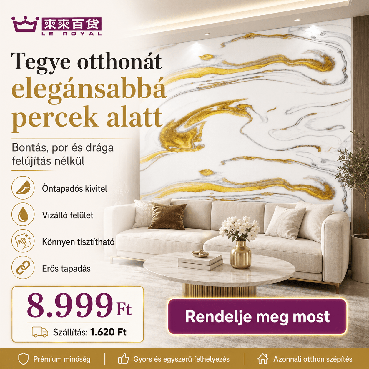Arany Márványhatású Öntapadós Falmatrica 3 × 1,2 m - | Cyber Bazaar