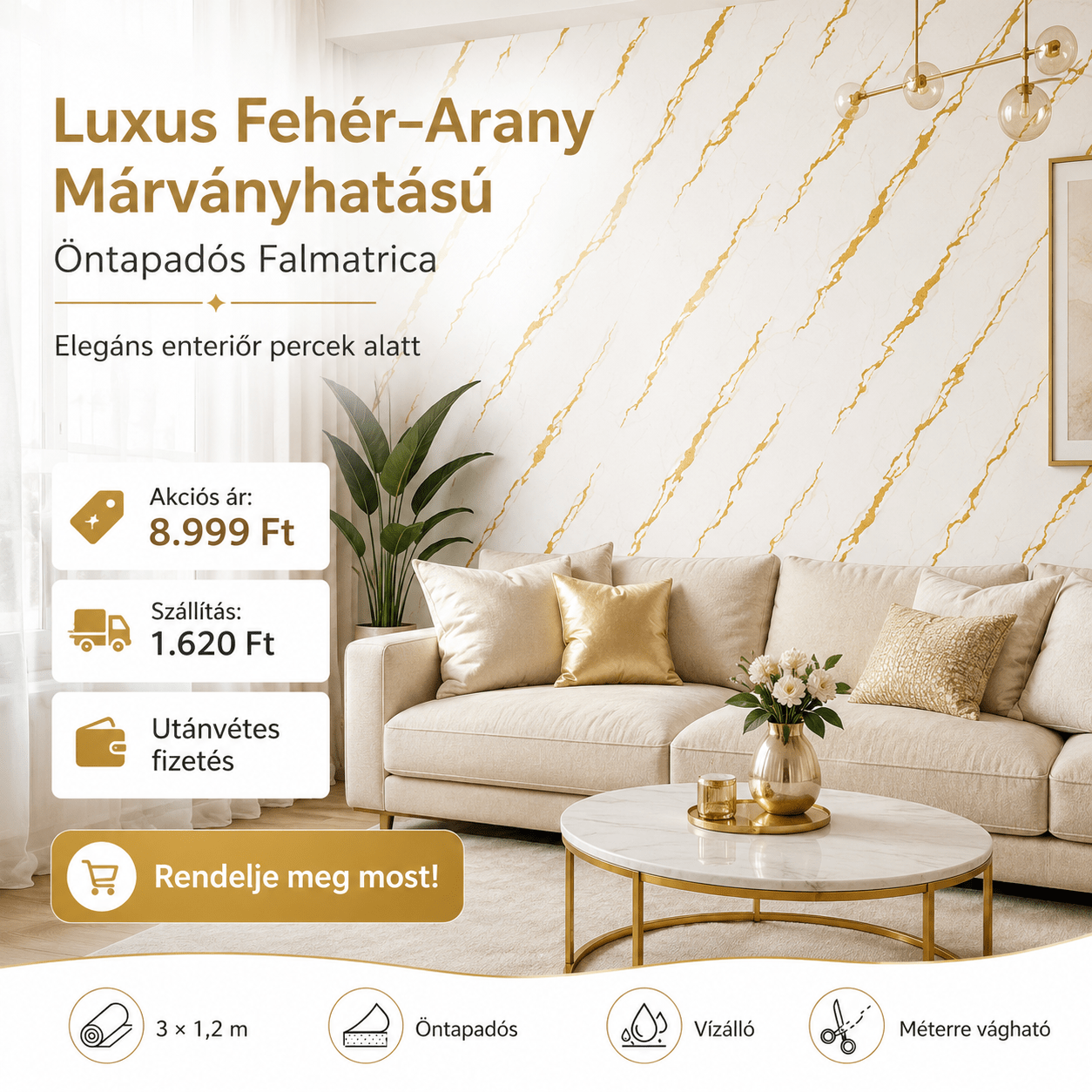 Arany Márványhatású Öntapadós Falmatrica 3 × 1,2 m - | Cyber Bazaar